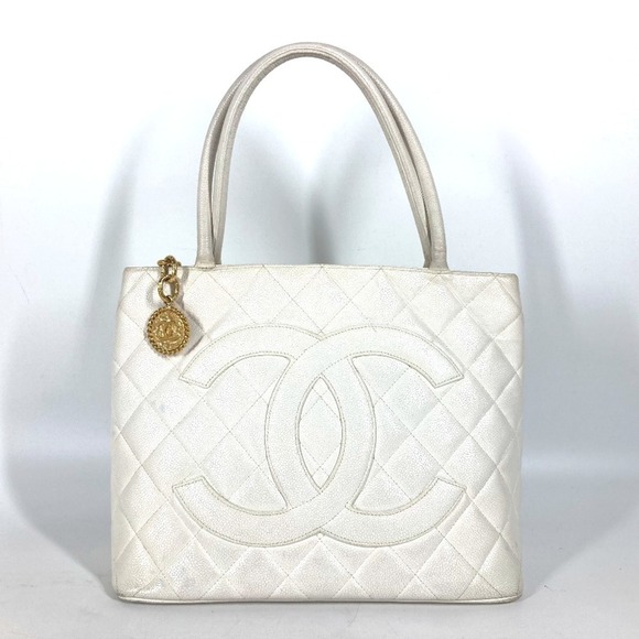 CHANEL Handbags - CHANEL White Caviar Leather Logo Shoulder Bag